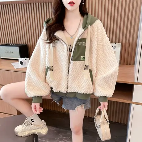 羊羔毛外套女秋冬季韩版宽松加绒加厚小个子保暖百搭拼色开衫卫衣图片