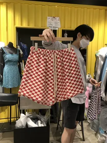 运动短裤女夏季bf宽松外穿高腰2024新款休闲跑步格子阔腿裤潮ins商品大图