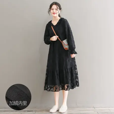 【买一送一】秋冬新品法式复古蕾丝连衣裙大码V领长袖优雅蕾丝裙商品大图