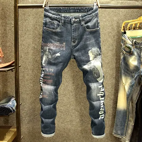 2024春秋季新款牛仔裤男弹力修身小脚裤高端潮流时尚印花个性裤子商品大图