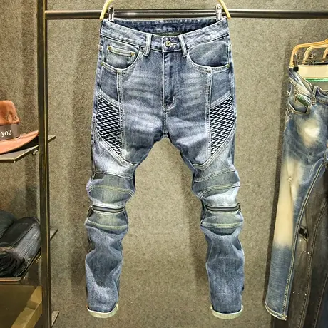 美式机车潮牌牛仔裤男个性拉链修身裤子春夏季高端时尚拼接长裤子商品大图