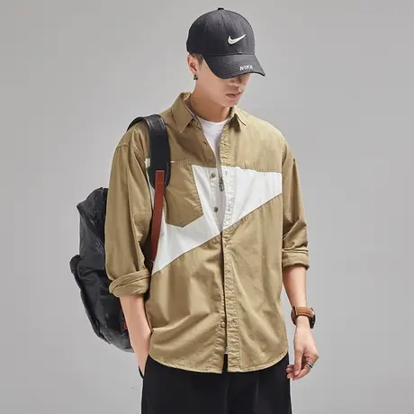 Modi Nick/摩帝尼克拼接设计男士衬衫复古水洗工艺纯棉舒适男衬衣图片