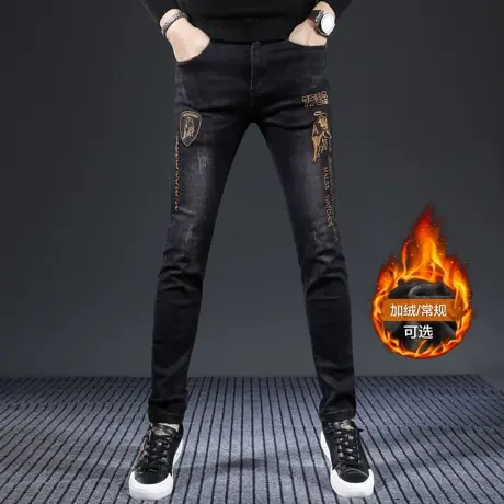 刺绣牛仔裤男款修身小脚2023新款黑色弹力男士裤子春秋款百搭裤男商品大图