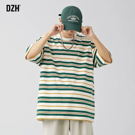 青少年复古条纹t恤男潮牌圆领夏季短袖男款五分袖2023新款体恤衫商品大图