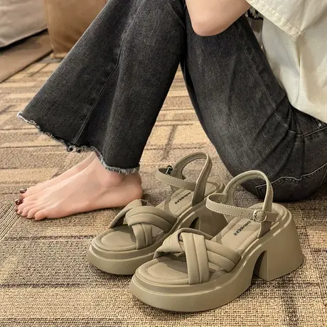 法式罗马凉鞋女夏季2024新款百搭复古小个子粗跟厚底一字带高跟鞋图片