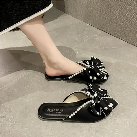 小众包头半拖鞋女2024年夏季新款百搭方头平底仙女风蝴蝶结凉拖鞋商品大图