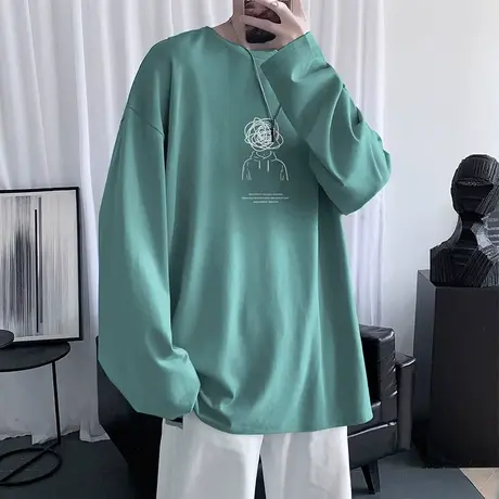 美式长袖T恤男士春秋季圆领印花体恤潮流宽松内搭上衣纯棉打底衫商品大图