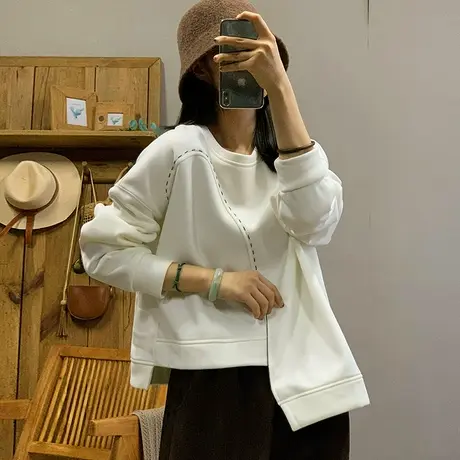 dza 复古纯色圆领套头加绒卫衣女秋冬外穿不规则上衣厚款宽松打底图片