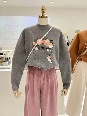 半高领韩系精致刺绣花朵小猫咪加厚保暖宽松套头针织毛衣女上衣图片