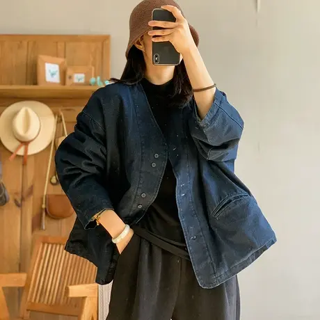 dza 复古宽松V领加厚牛仔棉衣外套女冬外穿保暖棉袄上衣休闲棉服图片