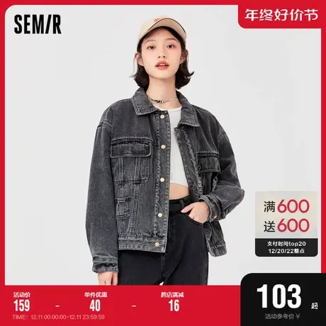 森马牛仔外套女仿羊羔毛上衣2022冬新款复古加绒夹克宽松潮酷翻领商品大图