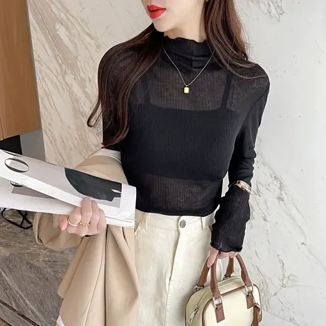 唐狮半高领肌理打底衫女装秋季新高级感别致上衣网纱薄款毛针织衫图片
