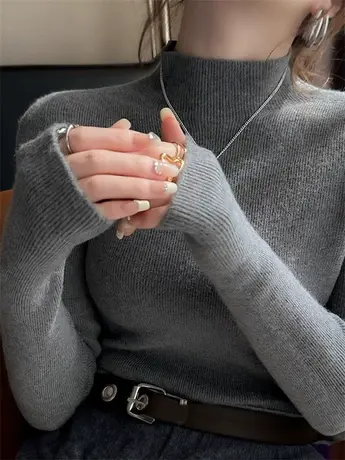 纯色半高领打底衫内搭女秋冬高级感毛衣2024新款中领长袖针织上衣商品大图