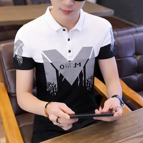 2023夏季新款男士短袖t恤纯棉翻领韩版polo衫修身潮流半袖上衣服商品大图