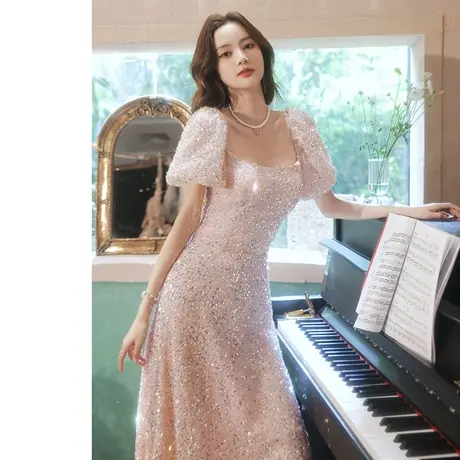 主持人礼服女年会重工晚礼服裙女高级感高端宴会气质粉色亮片长款图片