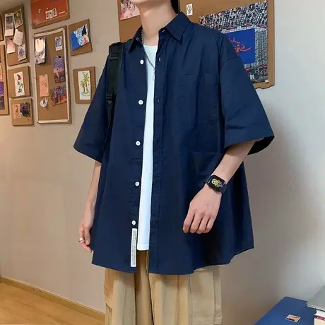 潮流纯色工装薄款短袖衬衫男2023年夏季宽松翻领外穿休闲衬衣外套商品大图