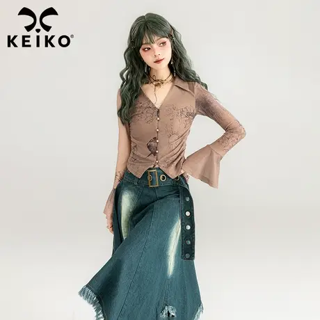 KEIKO 纯欲风辣妹Polo领上衣2024春夏性感修身显瘦喇叭袖褶皱外套商品大图