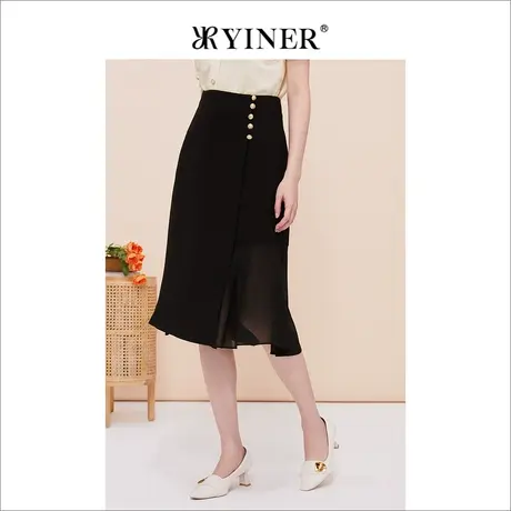 YINER音儿线上专选女装2023夏季不规则拼接过膝小黑裙半身裙图片