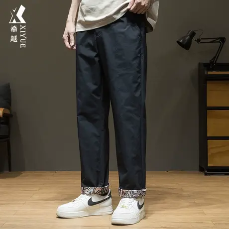 希越春季新款拼接休闲直筒裤男士宽松大码潮流高级感显瘦九分西裤商品大图