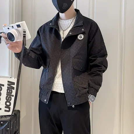 潮牌高级感满印夹克男春季时尚修身翻领褂子上衣工装口袋休闲外套商品大图