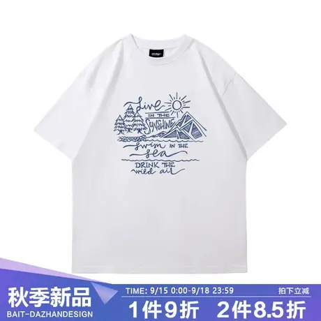 美式复古设计感度假风户外露营印花T恤女潮牌休闲宽松纯棉短袖商品大图