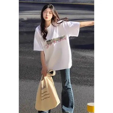 纯棉短袖t恤女夏季新款设计感小众宽松半袖显瘦遮肉上衣潮牌体恤商品大图