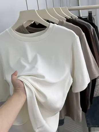 简约气质秋季加厚内搭短袖t恤女 软绵绵温柔奶白色半袖打底衫上衣商品大图