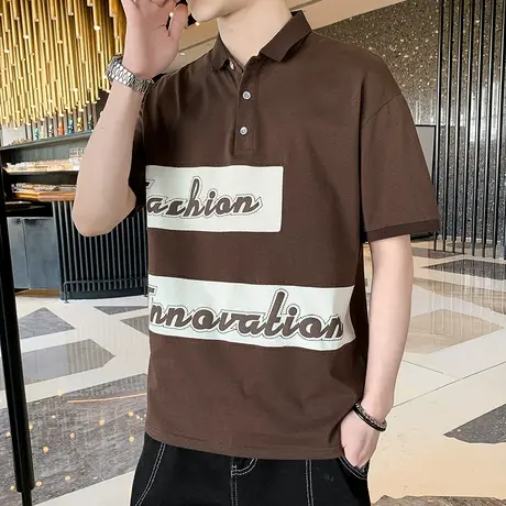 夏季潮牌翻领短袖T恤男t韩版潮流宽松青年拼接撞色港风印花polo衫商品大图