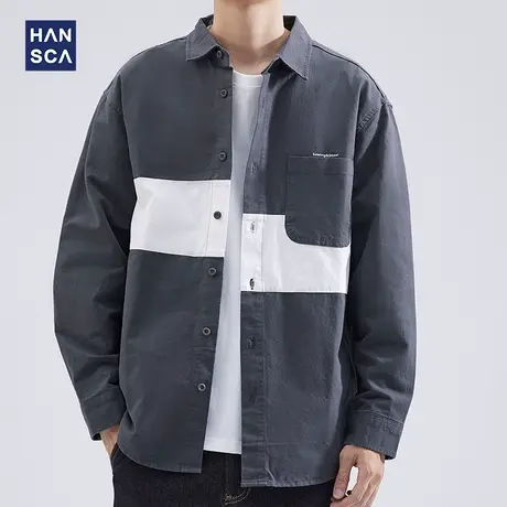 hansca日系复古工装长袖衬衫男秋季新款潮牌宽松百搭帅气拼接外套商品大图
