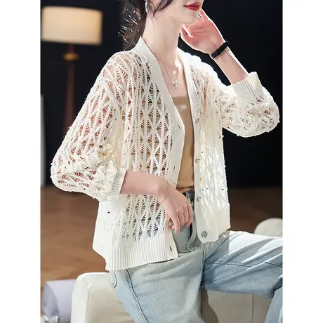 宝诗黎V领钉珠镂空针织外套2024春季新款设计感百搭宽松外搭女装商品大图