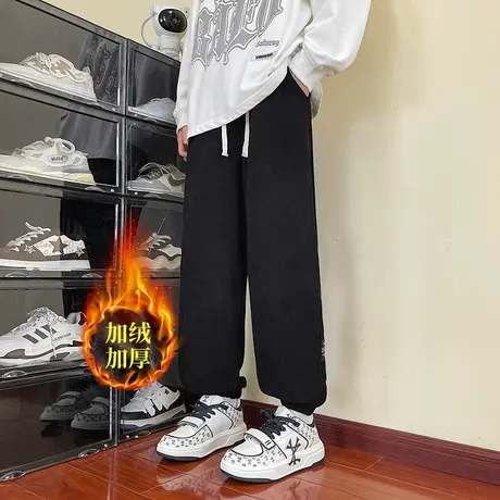 秋冬季青少年加绒裤子男款宽松休闲百搭束脚长裤男生加厚运动卫裤商品大图