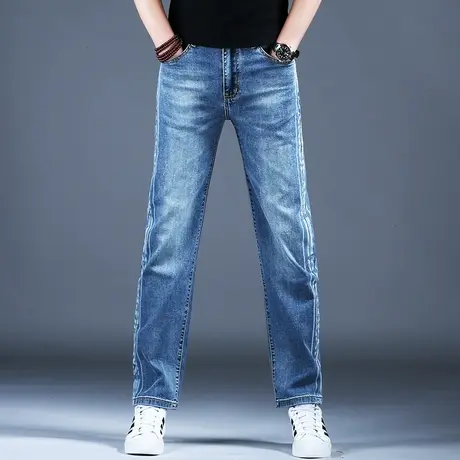 2024男士春季牛仔裤子简约印花宽松直筒裤子棉弹百搭美式潮牌男裤图片