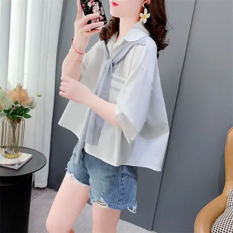 小个子披肩短袖衬衫女夏季2023年新款宽松小清新设计感学院风上衣商品大图
