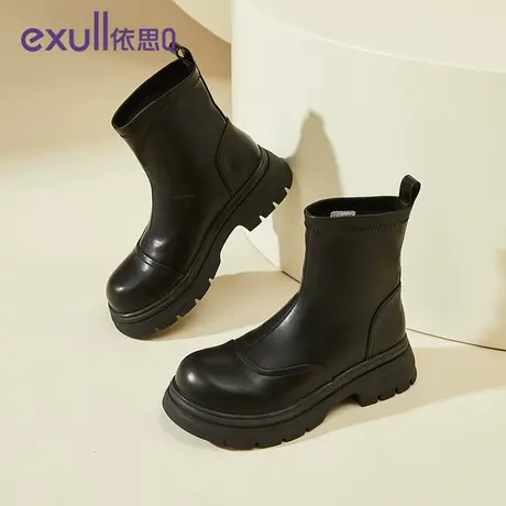 exull/依思Q棕色磨砂短靴女秋冬2023新款绒面平底瘦瘦靴时尚短靴商品大图