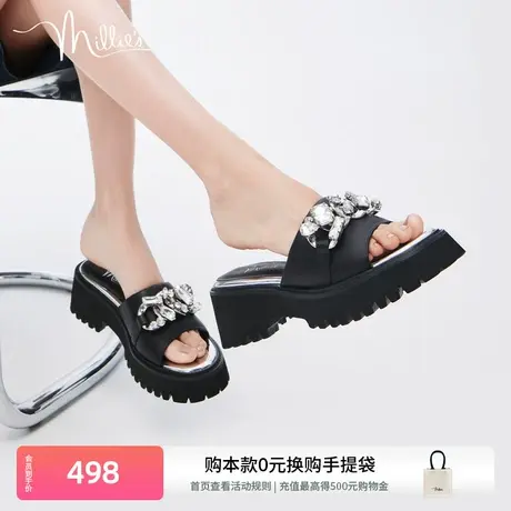 millie's妙丽新款羊皮镶钻时尚休闲通勤厚底女外穿凉拖鞋SUJ07BT2商品大图