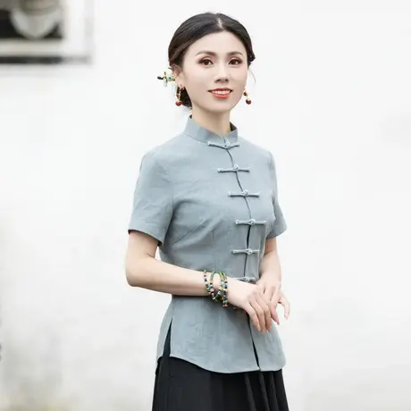 筠雅唐装女中国风中式盘扣上衣新款复古时尚收腰显瘦茶服23J190商品大图