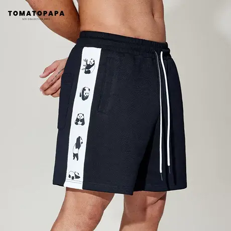 TOMATOPAPA抽绳短裤弹力撞色拼接熊猫印花居家百搭男子运动四分裤图片