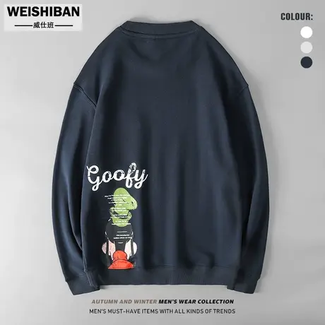 春秋季休闲长袖T恤男美式潮流ins圆领卫衣卡通印花单口袋纯棉上衣商品大图