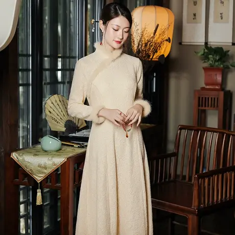 素飞新中式改良旗袍高腰修身显瘦蕾丝加绒保暖连衣裙年轻日常茶服商品大图