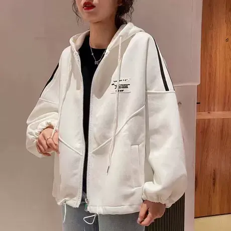 欧洲站白色开衫连帽卫衣女2023春秋季新款休闲上衣抽绳设计感外套图片