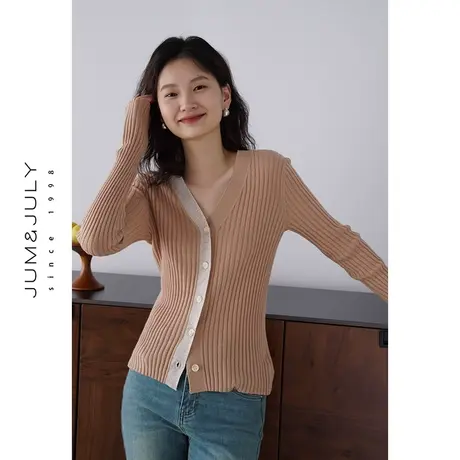 嘉茱莉2023秋季新款撞色V领针织开衫女绵羊毛针织衫短款修身毛衣商品大图