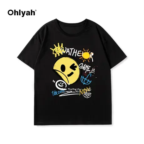 Ohlyah笑脸太阳字母涂鸦纯棉短袖t恤女宽松休闲百搭半袖体恤上衣图片