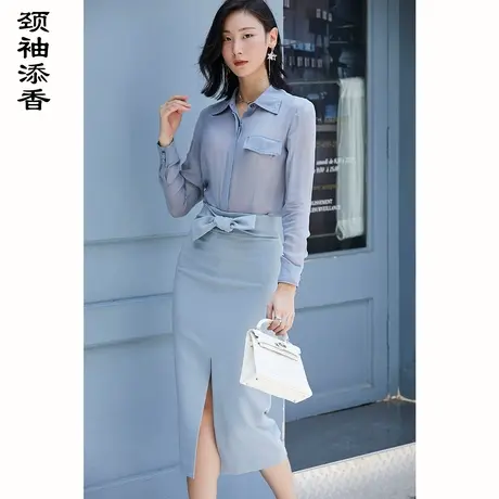 颈袖添香2023秋季新款时尚修身桑蚕丝雪纺衫上衣衬衣真丝衬衫商品大图