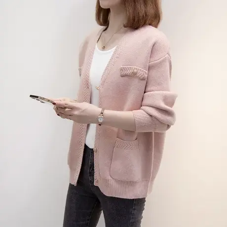v领针织开衫女2023春秋新款宽松慵懒风外穿上衣外搭厚毛衣外套潮图片
