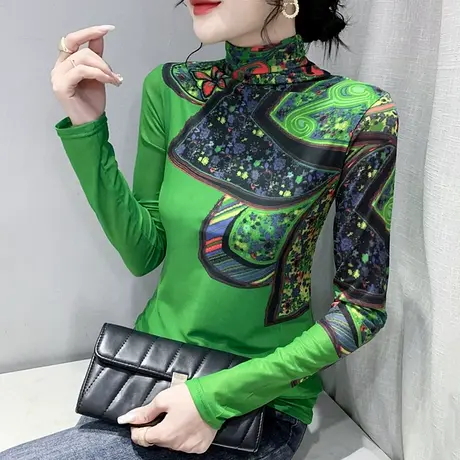 加绒打底衫女秋冬复古印花长袖T恤紧身内搭高领小衫洋气网纱上衣商品大图