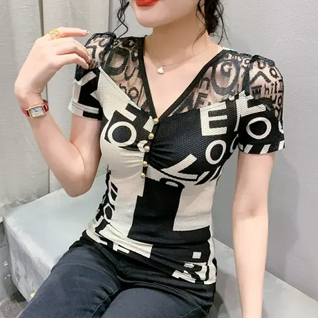 2023夏装新款网纱拼接T恤女短袖时尚印花性感V领上衣紧身洋气小衫商品大图
