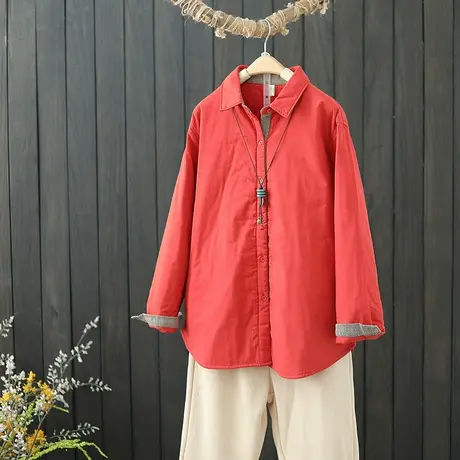 秋冬新款文艺拼接宽松加棉衬衫女装夹棉加厚休闲百搭打底上衣外套图片