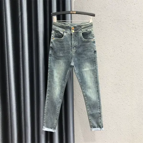 复古磨白设计紧身外穿小脚裤港味早秋新款显瘦韩版弹力牛仔铅笔裤商品大图