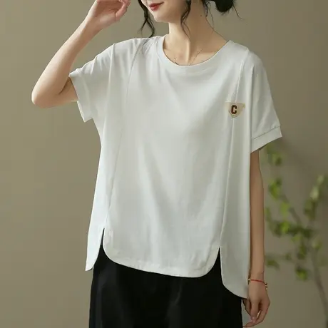 dza文艺复古前短后长短袖t恤女2023新款休闲宽松体恤纯棉百搭上衣商品大图