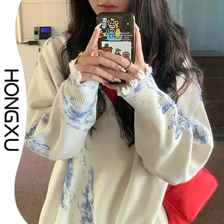 红续2023国潮新款泼墨元素针织衫chic小众高级感百搭毛衣宽松显瘦图片